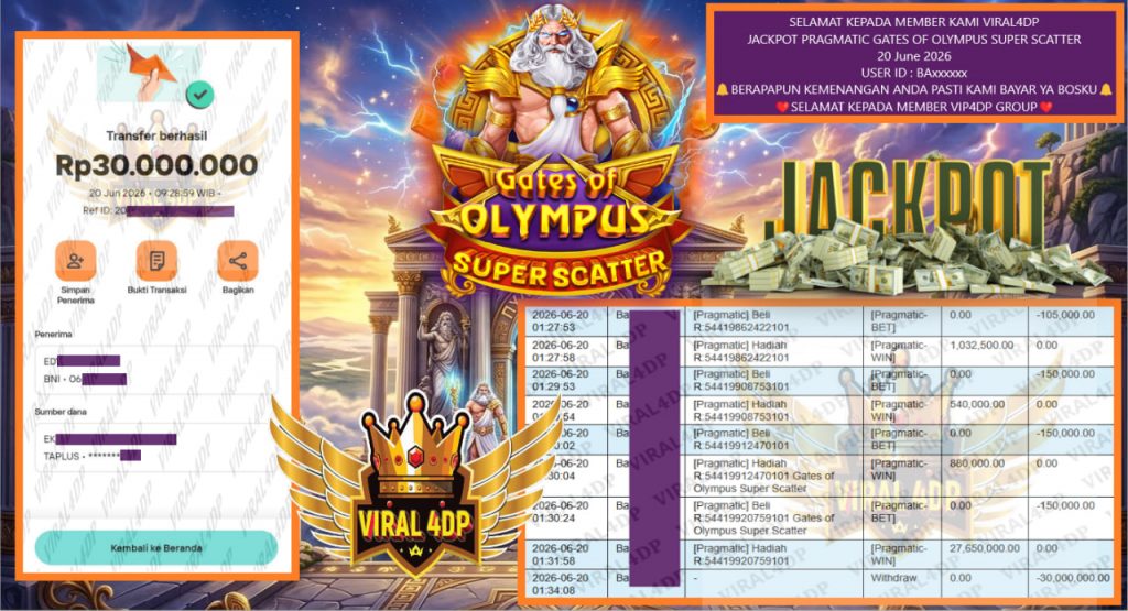 VIRAL4DP JACKPOT PRAGMATIC GATES OF OLYMPUS SUPER SCATTER Rp 30.000.000,- LUNAS