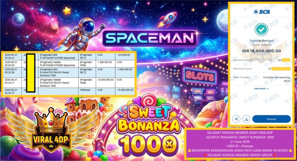 VIRAL4DP JACKPOT PRAGMATIC SWEET BONANZA 1000 Rp 15.000.000,- LUNAS