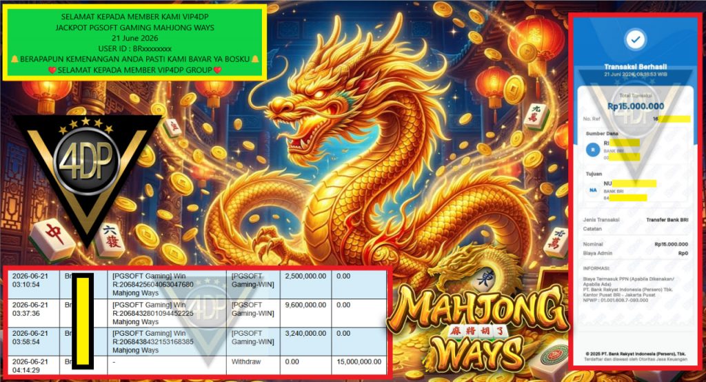 VIP4DP JACKPOT PGSOFT GAMING MAHJONG WAYS Rp 15.000.000,- LUNAS