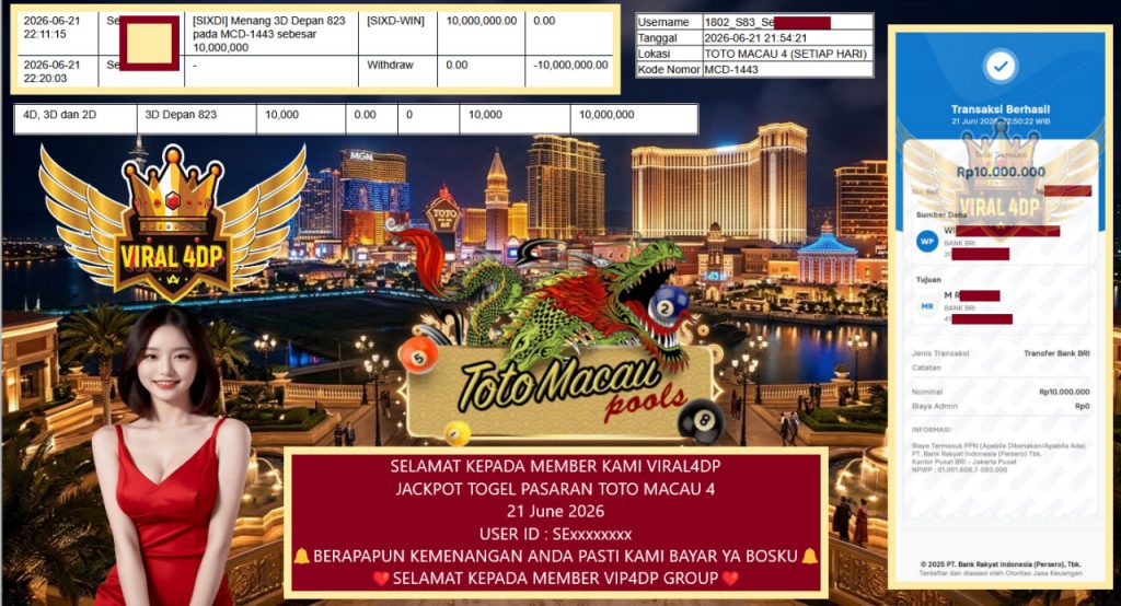 VIRAL4DP JACKPOT TOGEL PASARAN TOTO MACAU 4 Rp 10.000.000,- LUNAS