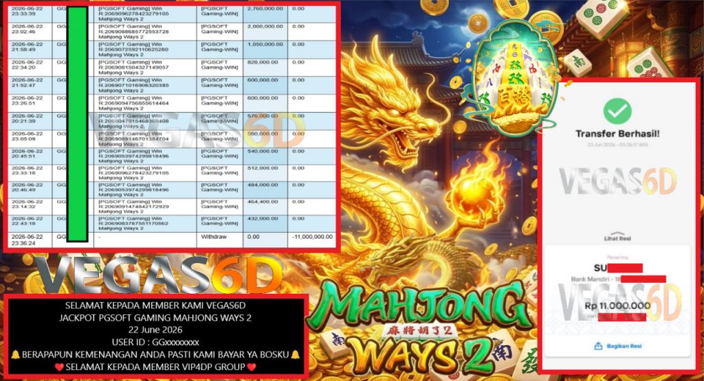 VEGAS6D JACKPOT PGSOFT GAMING MAHJONG WAYS 2 Rp 11.000.000,- LUNAS