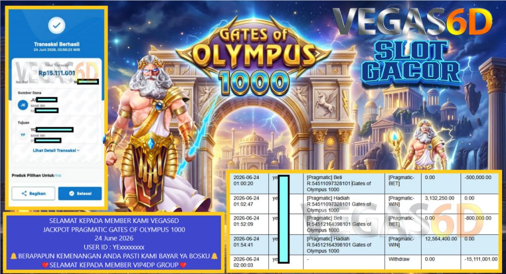 VEGAS6D JACKPOT PRAGMATIC GATES OF OLYMPUS 1000 Rp 15.111.001,- LUNAS