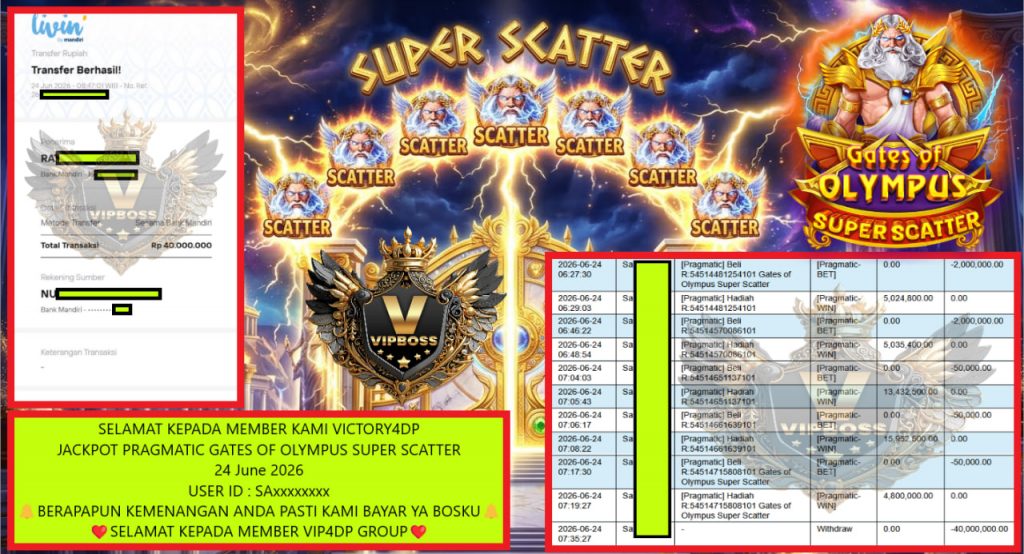 VICTORY4DP JACKPOT PRAGMATIC GATES OF OLYMPUS SUPER SCATTER Rp 40.000.000,- LUNAS