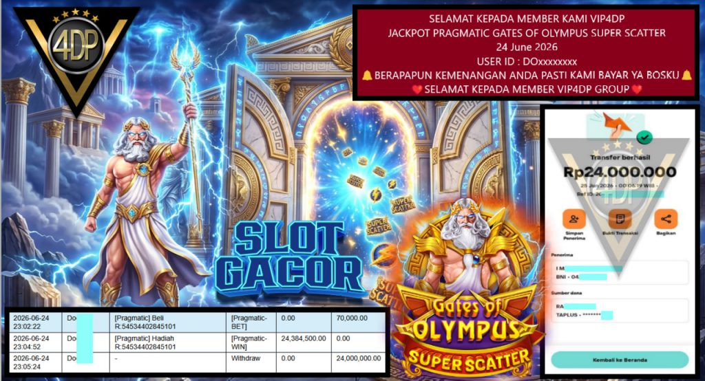 VIP4DP JACKPOT PRAGMATIC GATES OF OLYMPUS SUPER SCATTER Rp 24.000.000,- LUNAS