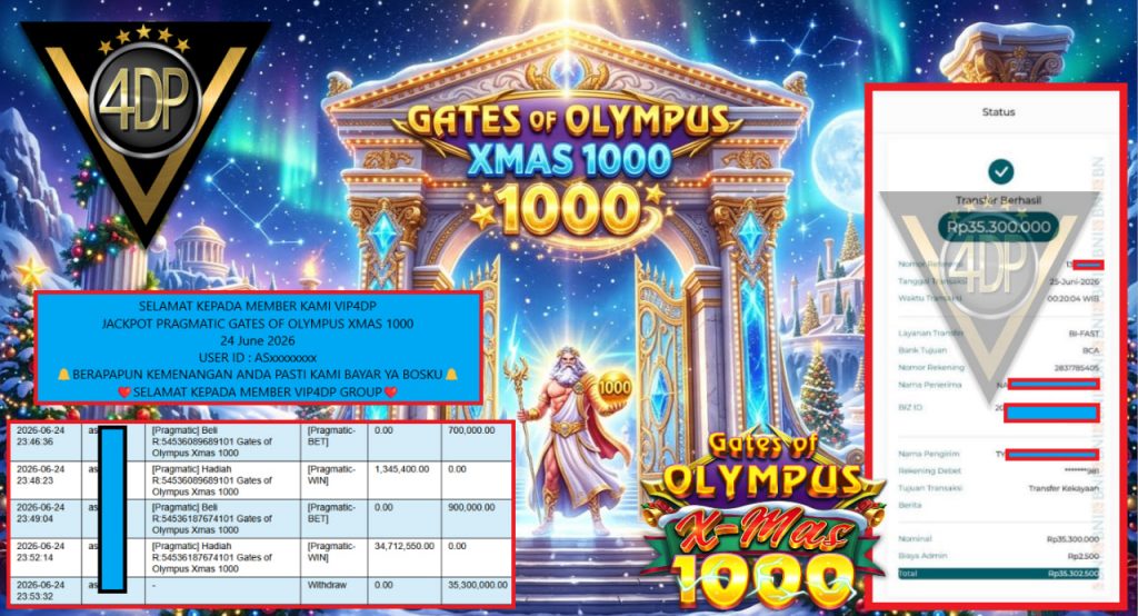VIP4DP JACKPOT PRAGMATIC GATES OF OLYMPUS XMAS 1000 Rp 35.300.000,- LUNAS