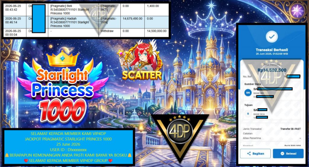 VIP4DP JACKPOT PRAGMATIC STARLIGHT PRINCES 1000 Rp 14.500.000,- LUNAS