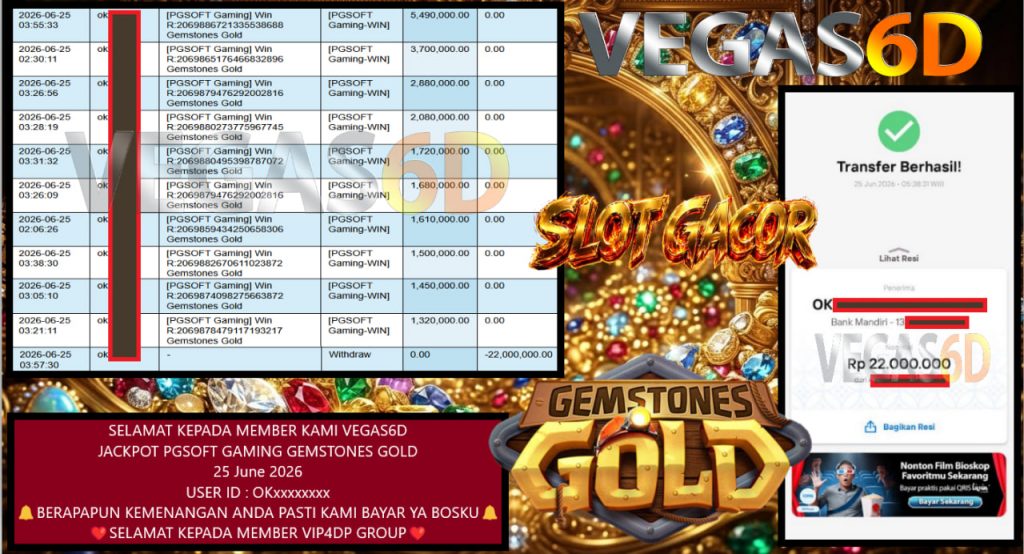 VEGAS6D JACKPOT PGSOFT GAMING GEMSTONES GOLD Rp 22.000.000,- LUNAS