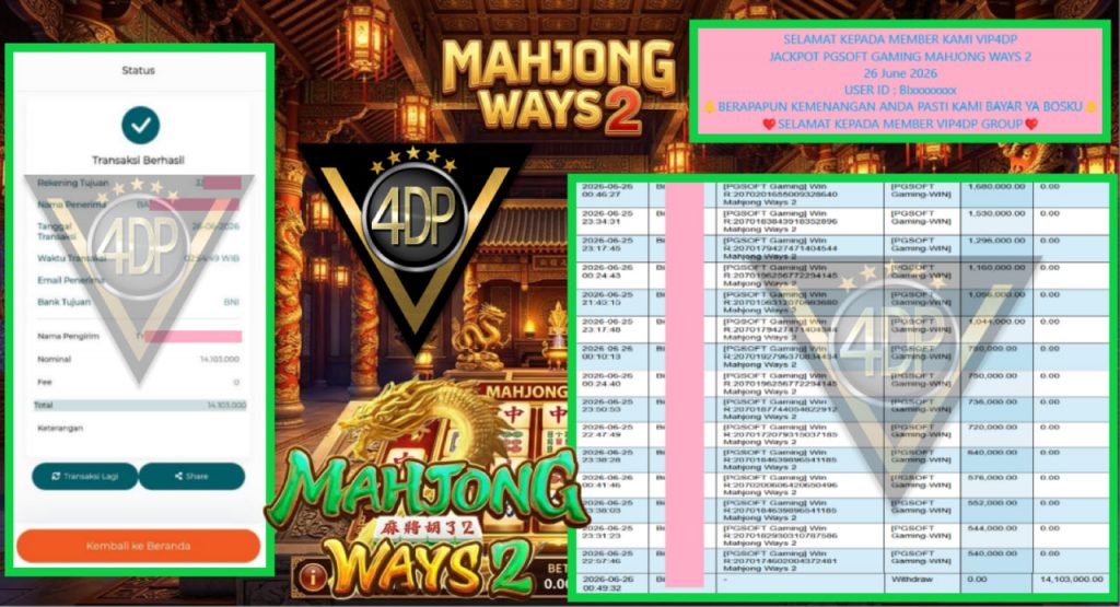 VIP4DP JACKPOT PGSOFT GAMING MAHJONG WAYS 2 Rp 14.103.000,- LUNAS