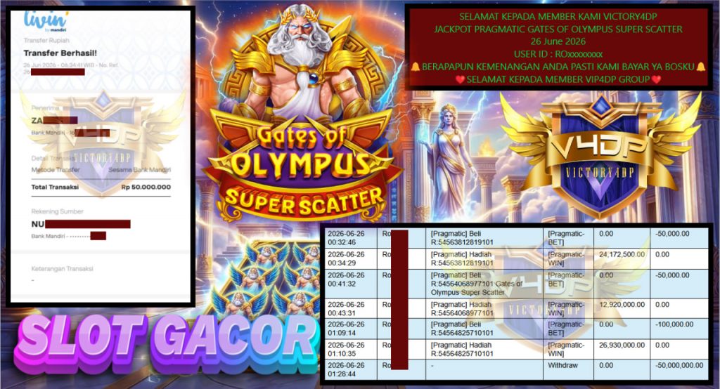 VICTORY4DP JACKPOT PRAGMATIC GATES OF OLYMPUS SUPER SCATTER Rp 50.000.000,- LUNAS