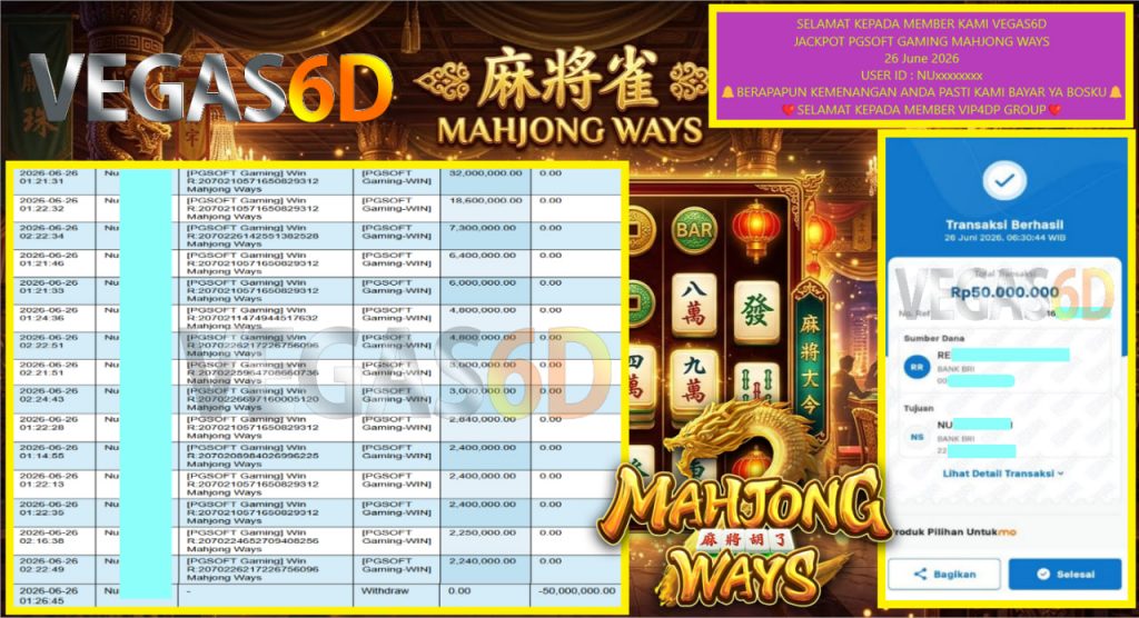 VEGAS6D JACKPOT PGSOFT GAMING MAHJONG WAYS Rp 50.000.000,- LUNAS