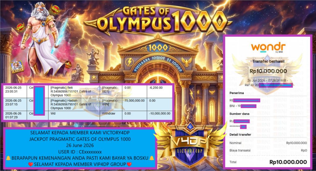 VICTORY4DP JACKPOT PRAGMATIC GATES OF OLYMPUS 1000 Rp 25.000.000,- LUNAS