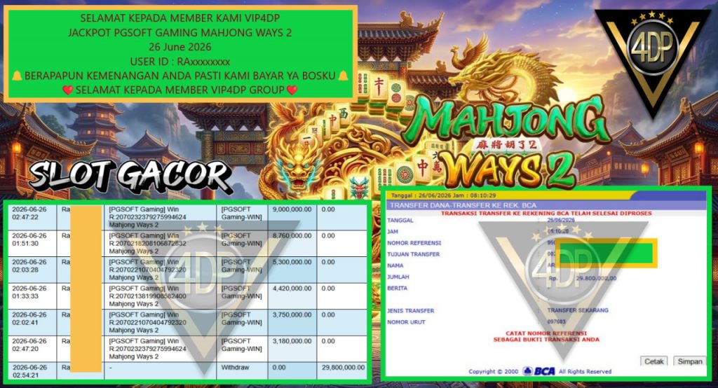 VIP4DP JACKPOT PGSOFT GAMING MAHJONG WAYS 2 Rp 29.800.000,- LUNAS