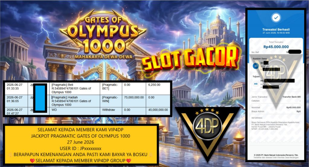 VIP4DP JACKPOT PRAGMATIC GATES OF OLYMPUS 1000 Rp 88.000.000,- LUNAS