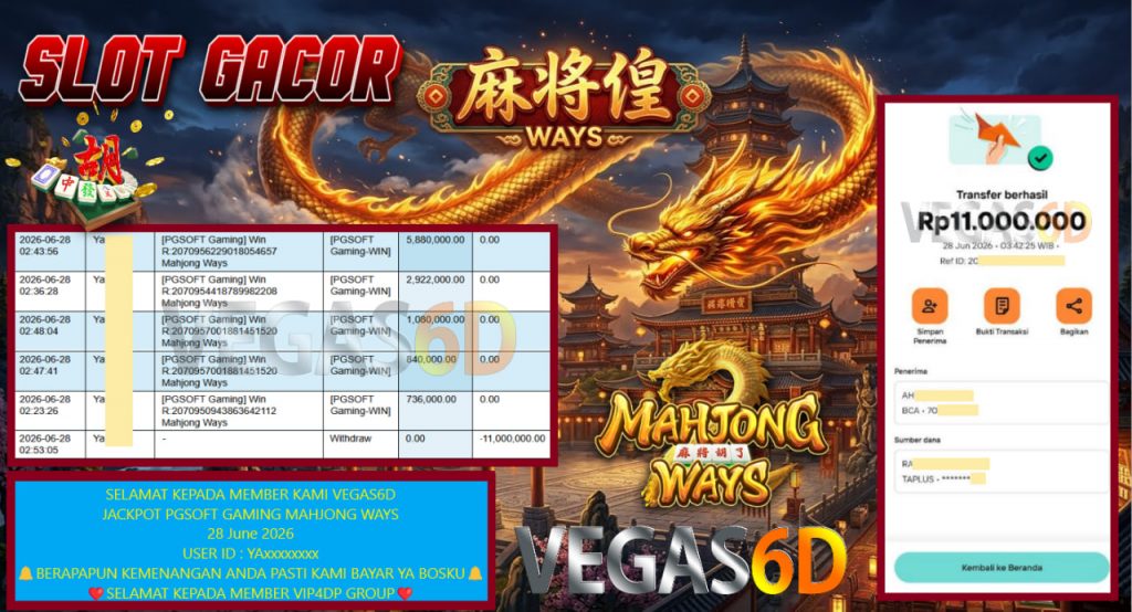 VEGAS6D JACKPOT PGSOFT GAMING MAHJONG WAYS Rp 11.000.000,- LUNAS