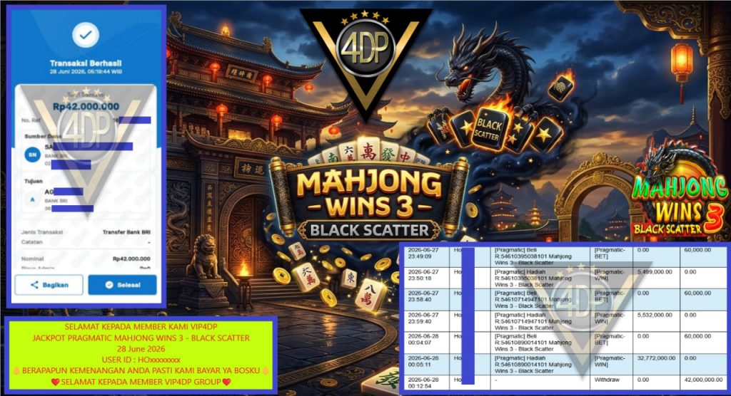 VIP4DP JACKPOT PRAGMATIC MAHJONG WINS 3 – BLACK SCATTER Rp 42.000.000,- LUNAS