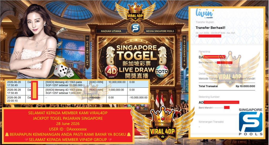 VIRAL4DP JACKPOT TOGEL PASARAN SINGAPORE Rp 10.000.000,- LUNAS