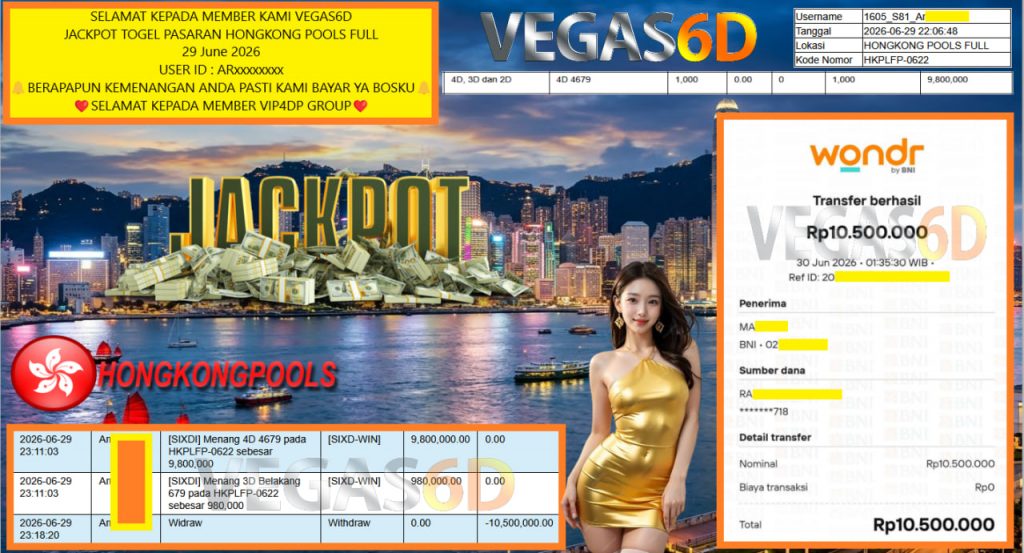 VEGAS6D JACKPOT TOGEL PASARAN HONGKONG POOLS FULL Rp 10.500.000,- LUNAS
