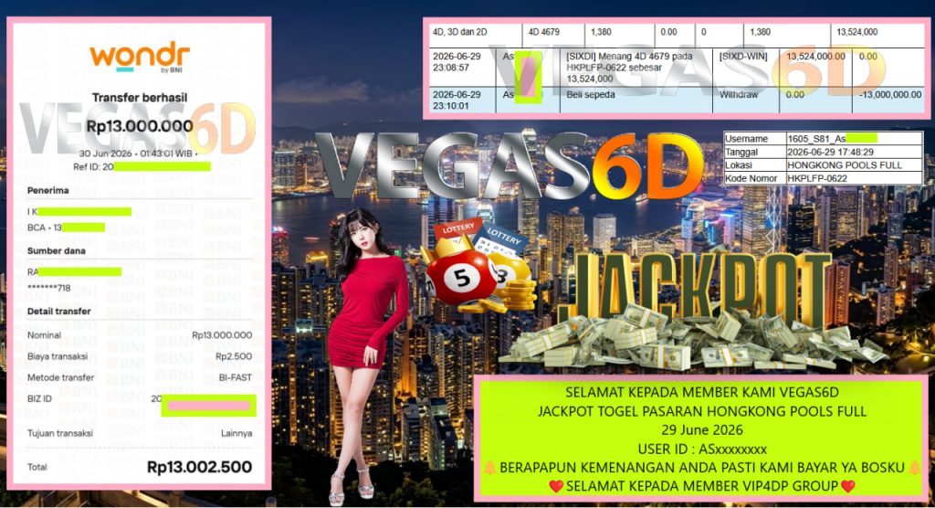 VEGAS6D JACKPOT TOGEL PASARAN HONGKONG POOLS FULL Rp 13.000.000,- LUNAS