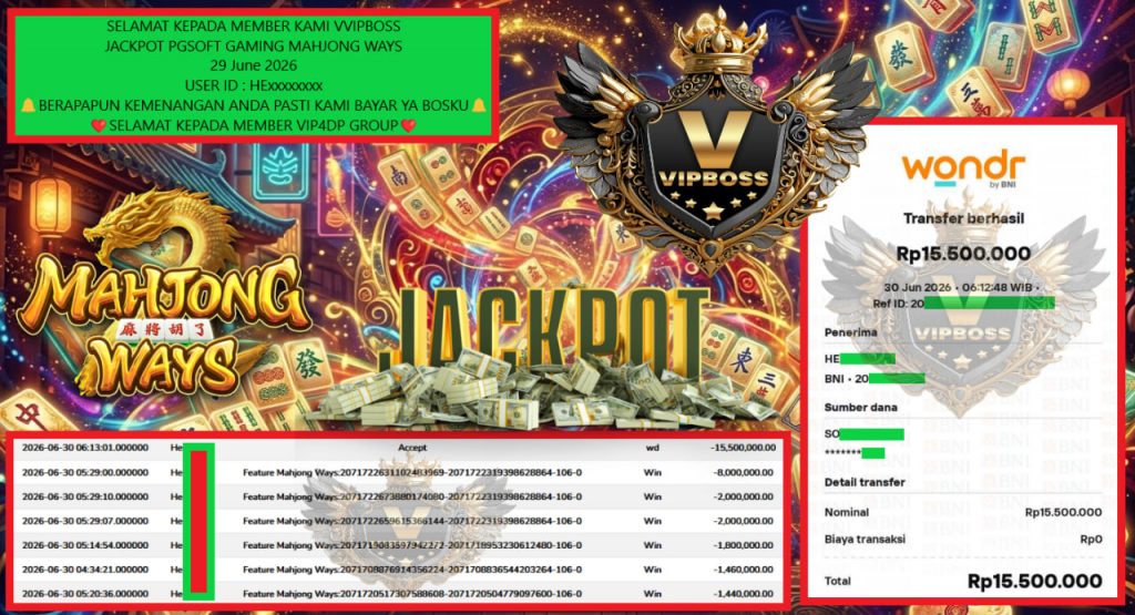 VVIPBOSS JACKPOT PGSOFT GAMING MAHJONG WAYS Rp 15.500.000,- LUNAS