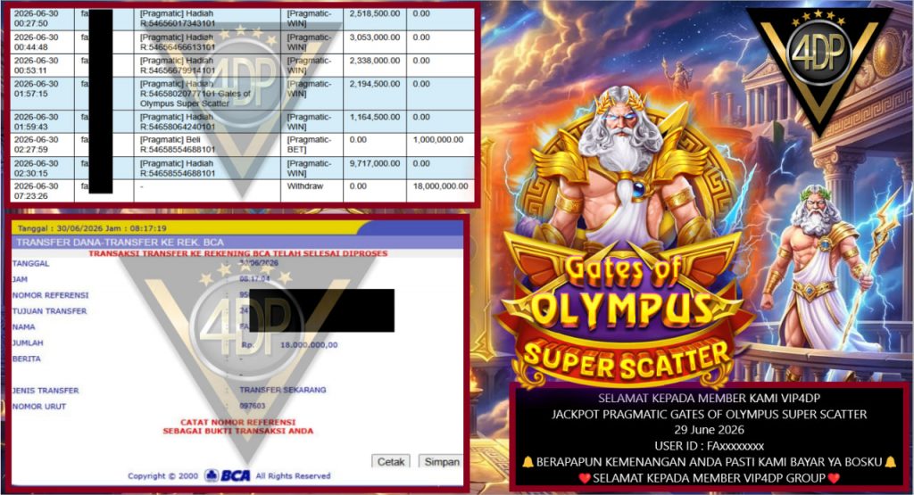 VIP4DP JACKPOT PRAGMATIC GATES OF OLYMPUS SUPER SCATTER Rp 18.000.000,- LUNAS