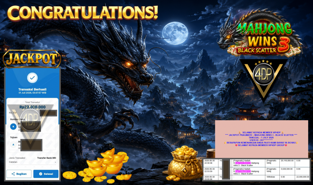 VIP4DP JACKPOT PRAGMATIC ” MAHJONG WINS 3 – BLACK SCATTER ” Rp22.000.000,- LUNAS
