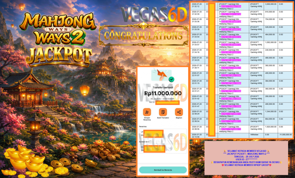 VEGAS6D JACKPOT PGSOFT ” MAHJONG WAYS 2 ” Rp11.000.000,- LUNAS