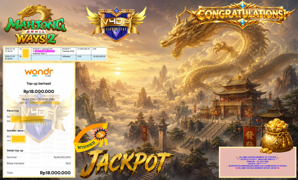 VICTORY4DP JACKPOT PGSOFT ” MAHJONG WAYS 2 ” Rp18.000.000,- LUNAS