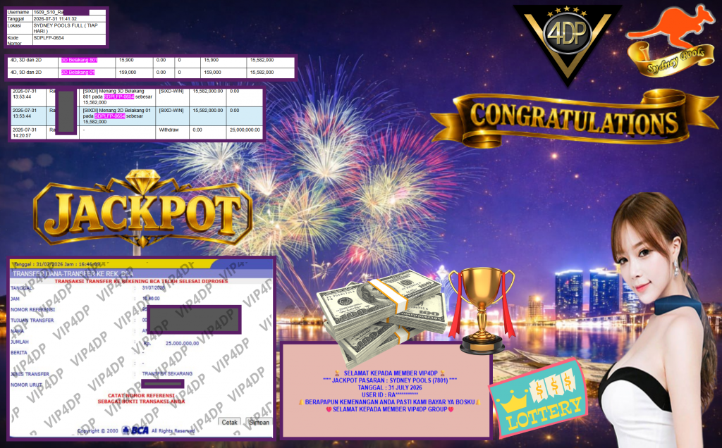 VIP4DP JACKPOT PASARAN ” SYDNEY POOLS (7801) ” Rp25.000.000,- LUNAS