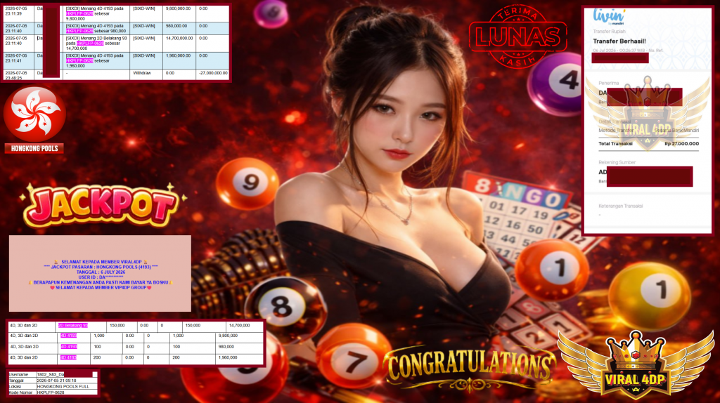 VIRAL4DP JACKPOT PASARAN ” HONGKONG POOLS (4193) ” Rp27.000.000,- LUNAS