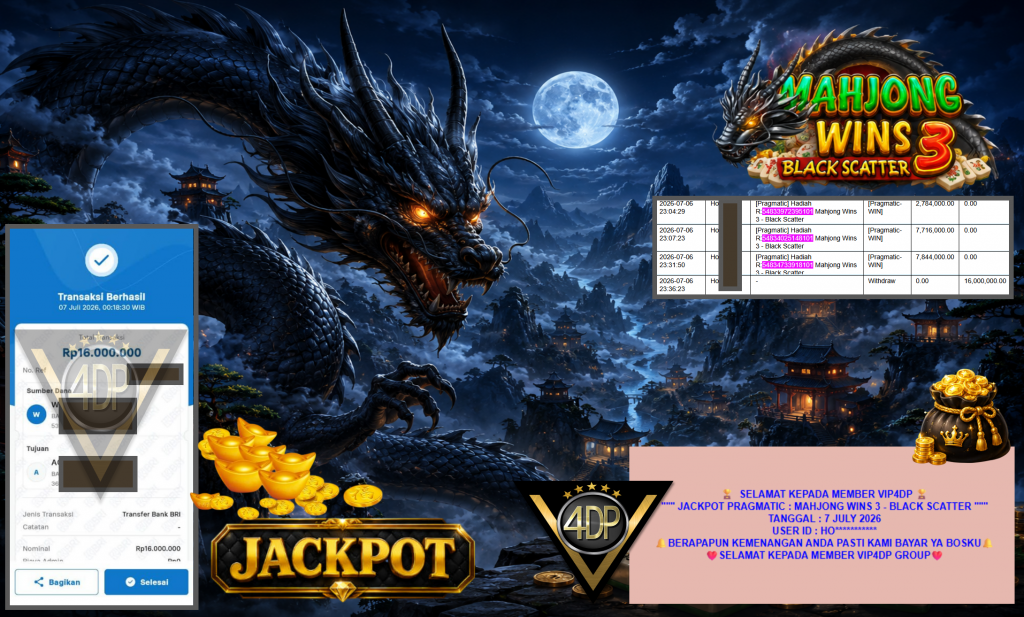 VIP4DP JACKPOT PRAGMATIC ” MAHJONG WINS 3 – BLACK SCATTER ” Rp16.000.000,- LUNAS