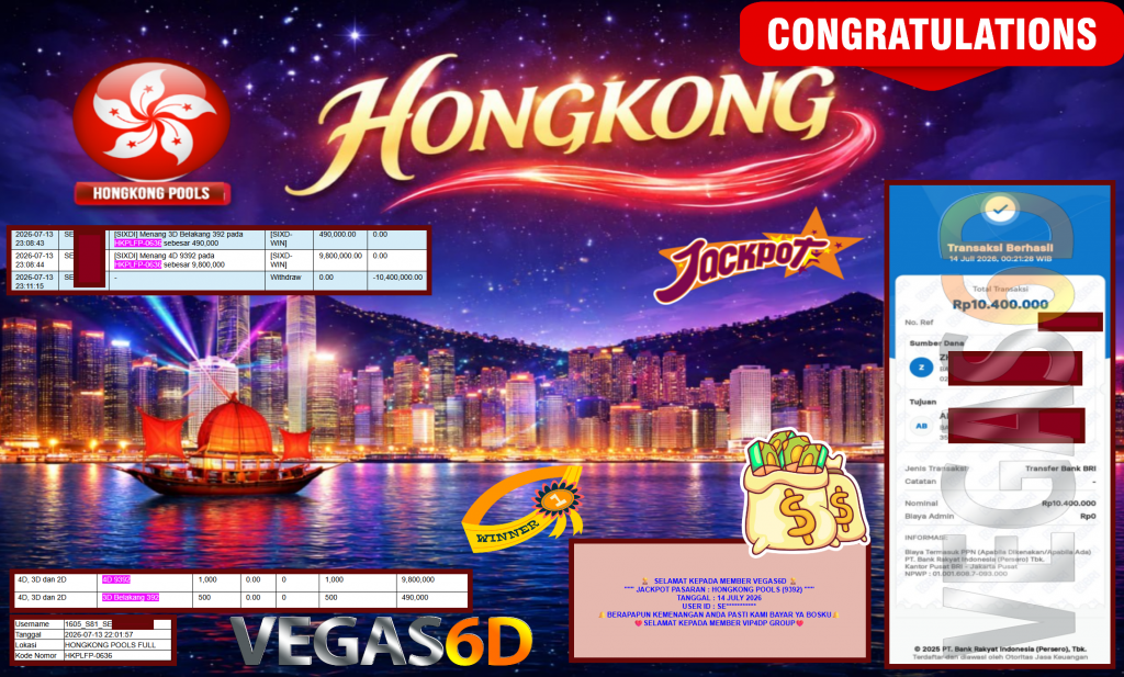 VEGAS6D JACKPOT PASARAN ” HONGKONG POOLS (9392) ” Rp10.400.000,- LUNAS