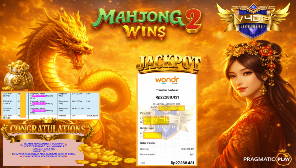 VICTORY4DP JACKPOT PRAGMATIC ” MAHJONG WINS 2 ” Rp27.288.431,- LUNAS