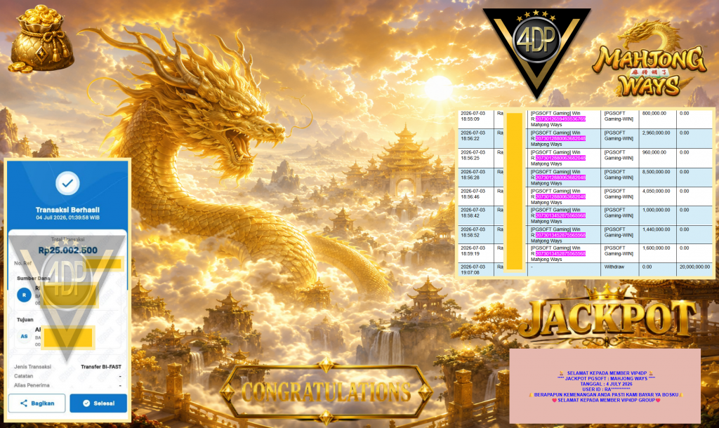 VIP4DP JACKPOT PGSOFT ” MAHJONG WAYS ” Rp20.000.000,- LUNAS