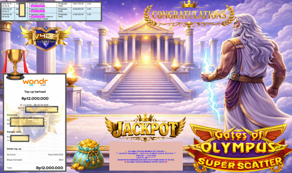 VICTORY4DP JACKPOT PRAGMATIC ” GATES OF OLYMPUS SUPER SCATTER ” Rp12.000.000,- LUNAS