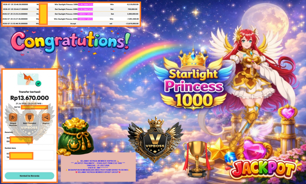VVIPBOSS JACKPOT PRAGMATIC ” STARLIGHT PRINCESS 1000 ” Rp13.670.000,- LUNAS