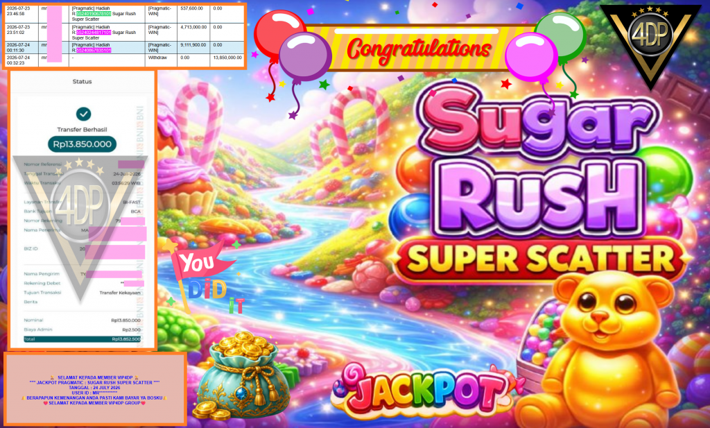 VIP4DP JACKPOT PRAGMATIC ” SUGAR RUSH SUPER SCATTER ” Rp13.850.000,- LUNAS