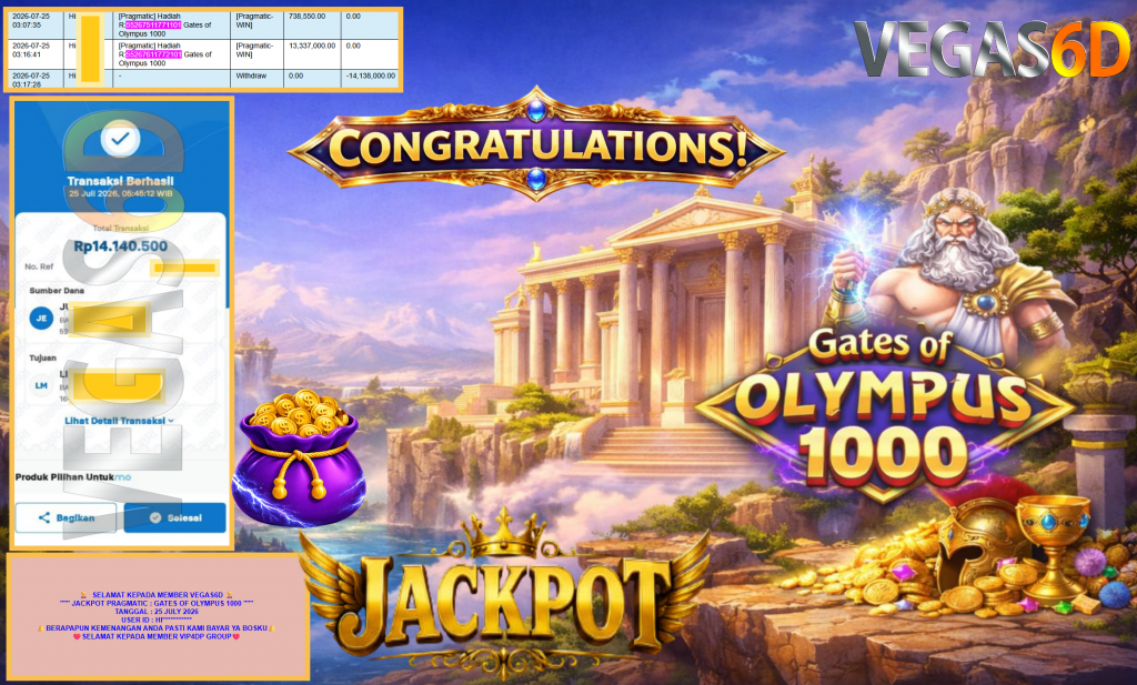 VEGAS6D JACKPOT PRAGMATIC ” GATES OF OLYMPUS 1000 ” Rp14.138.000,- LUNAS
