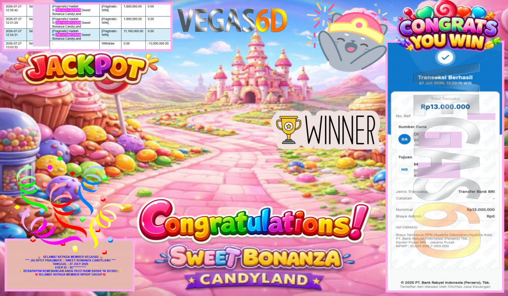VEGAS6D JACKPOT PRAGMATIC ” SWEET BONANZA CANDYLAND ” Rp13.000.000,- LUNAS