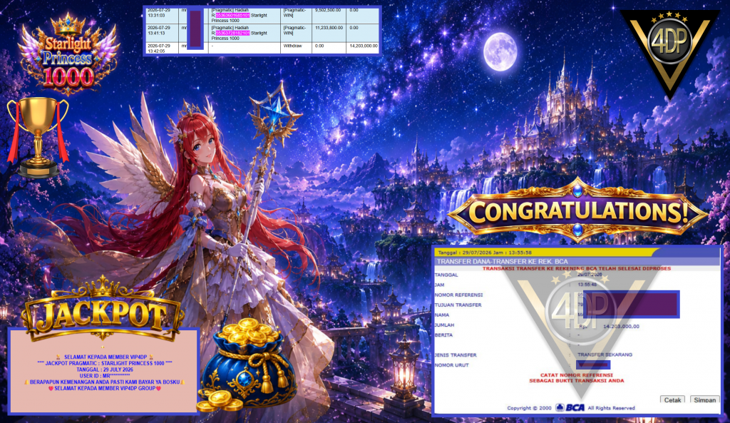 VIP4DP JACKPOT PRAGMATIC ” STARLIGHT PRINCESS 1000 ” Rp14.203.000,- LUNAS
