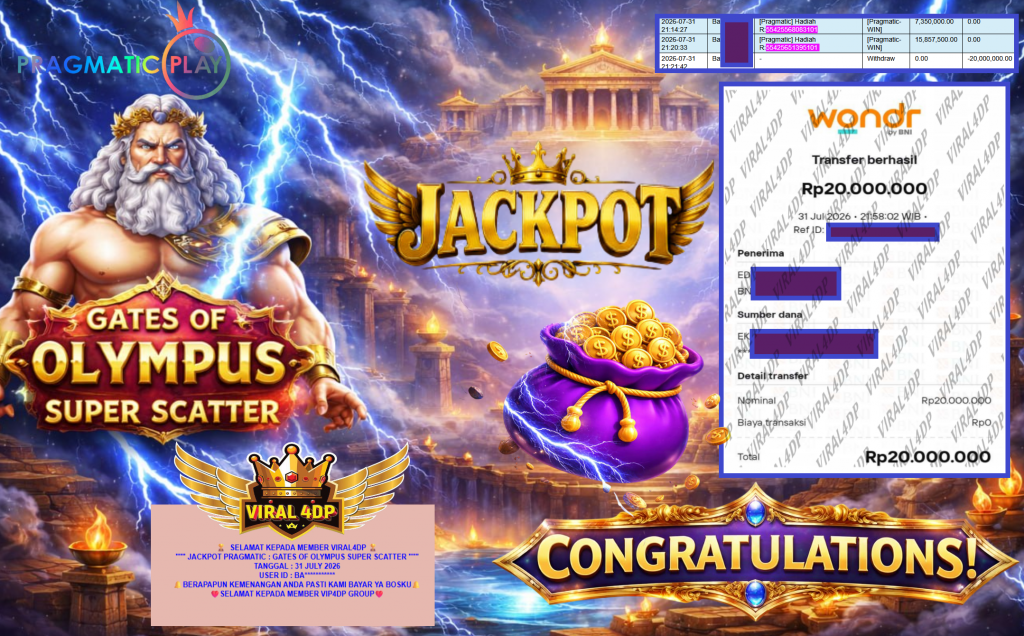 VIRAL4DP JACKPOT PRAGMATIC ” GATES OF OLYMPUS SUPER SCATTER ” Rp20.000.000,- LUNAS