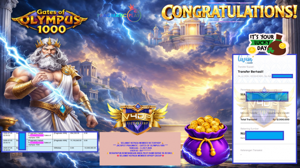VICTORY4DP JACKPOT PRAGMATIC ” GATES OF OLYMPUS 1000 ” Rp12.000.000,- LUNAS