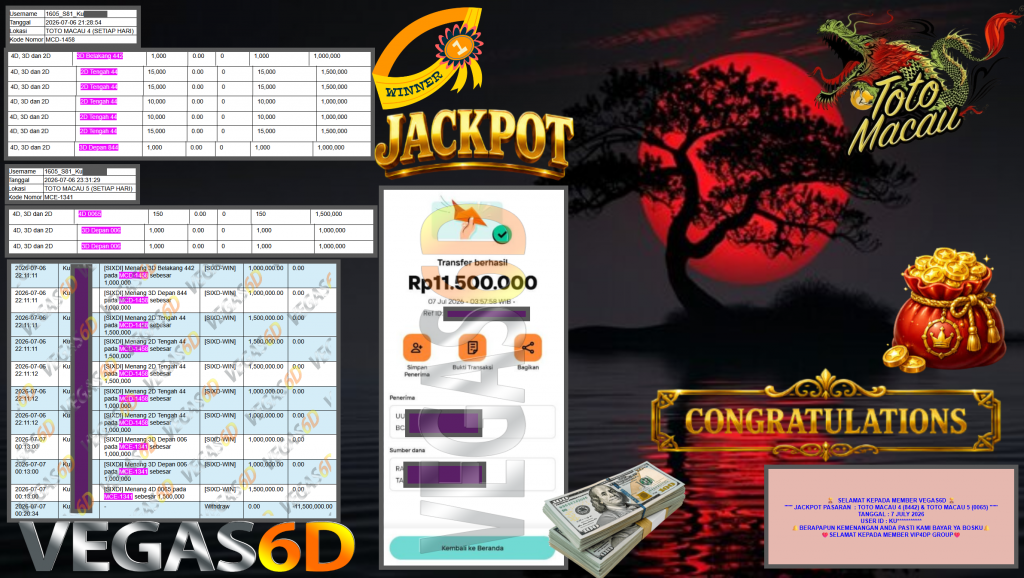 VEGAS6D JACKPOT PASARAN β TOTO MACAU 4 (8442) & TOTO MACAU 5 (0065) β Rp11.500.000,- LUNAS