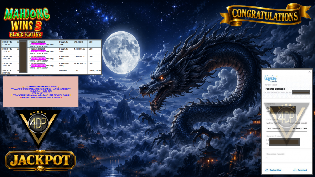 VIP4DP JACKPOT PRAGMATIC ” MAHJONG WINS 3 – BLACK SCATTER ” Rp20.000.000,- LUNAS
