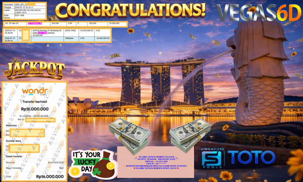VEGAS6D JACKPOT PASARAN β SINGAPORE (2329) β Rp16.000.000,- LUNAS