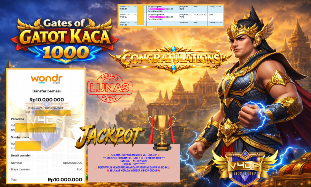 VICTORY4DP JACKPOT PRAGMATIC ” GATES OF OLYMPUS 1000 ” Rp10.000.000,- LUNAS