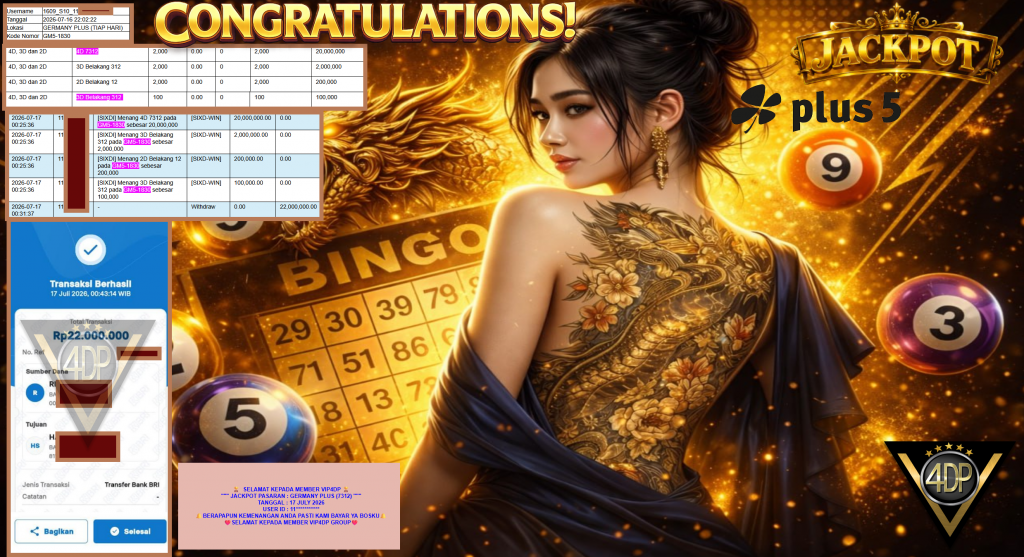 VIP4DP JACKPOT PASARAN ” GERMANY PLUS (7312) ” Rp22.000.000,- LUNAS