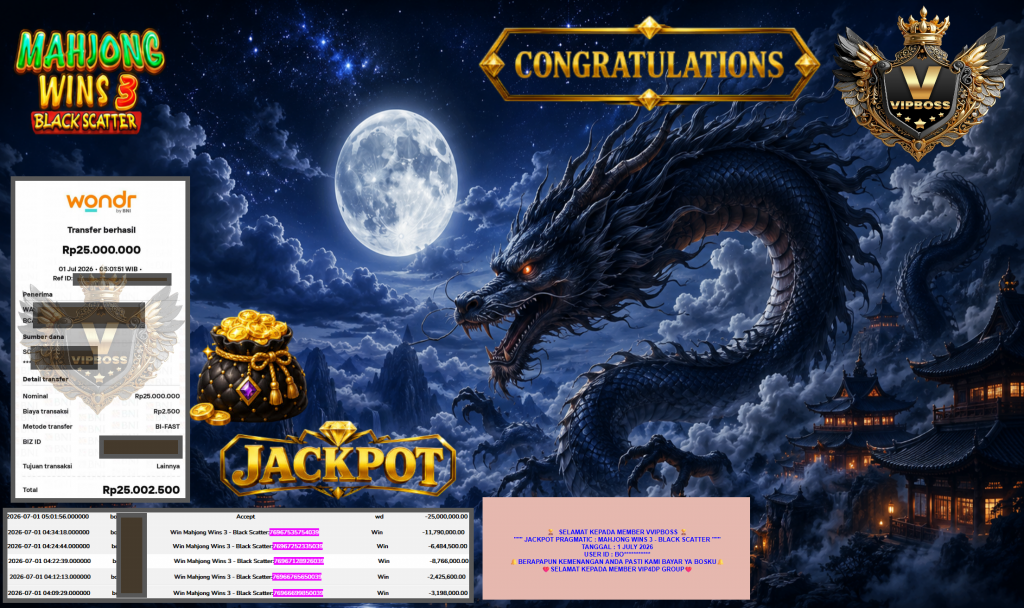 VVIPBOSS JACKPOT PRAGMATIC ” MAHJONG WINS 3 – BLACK SCATTER ” Rp25.000.000,- LUNAS