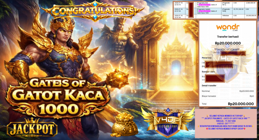 VICTORY4DPJACKPOT PRAGMATIC ” GATES OF GATOT KACA 1000 ” Rp20.000.000,- LUNAS