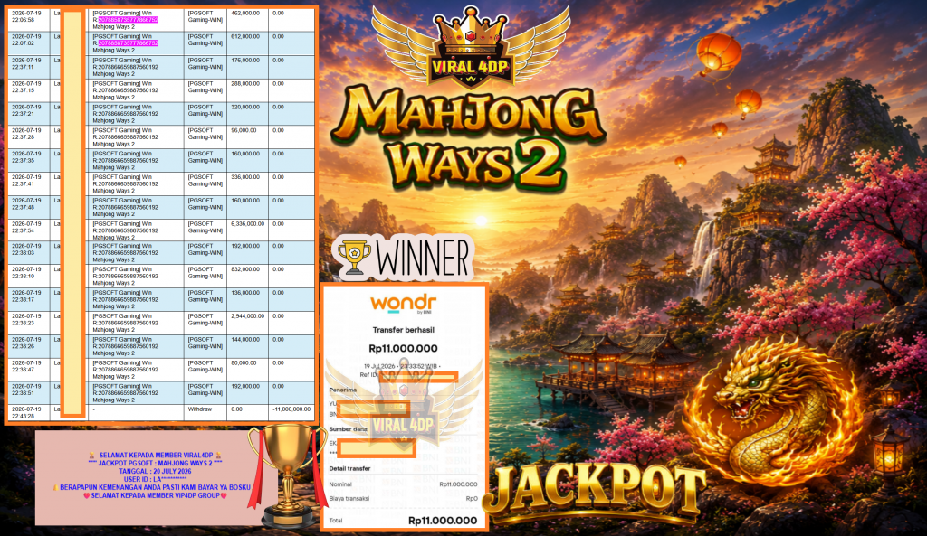 VIRAL4DP JACKPOT PGSOFT ” MAHJONG WAYS 2 ” Rp11.000.000,- LUNAS