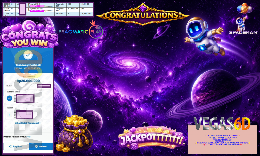 VEGAS6D JACKPOT PRAGMATIC ” SPACEMAN ” Rp20.000.000,- LUNAS